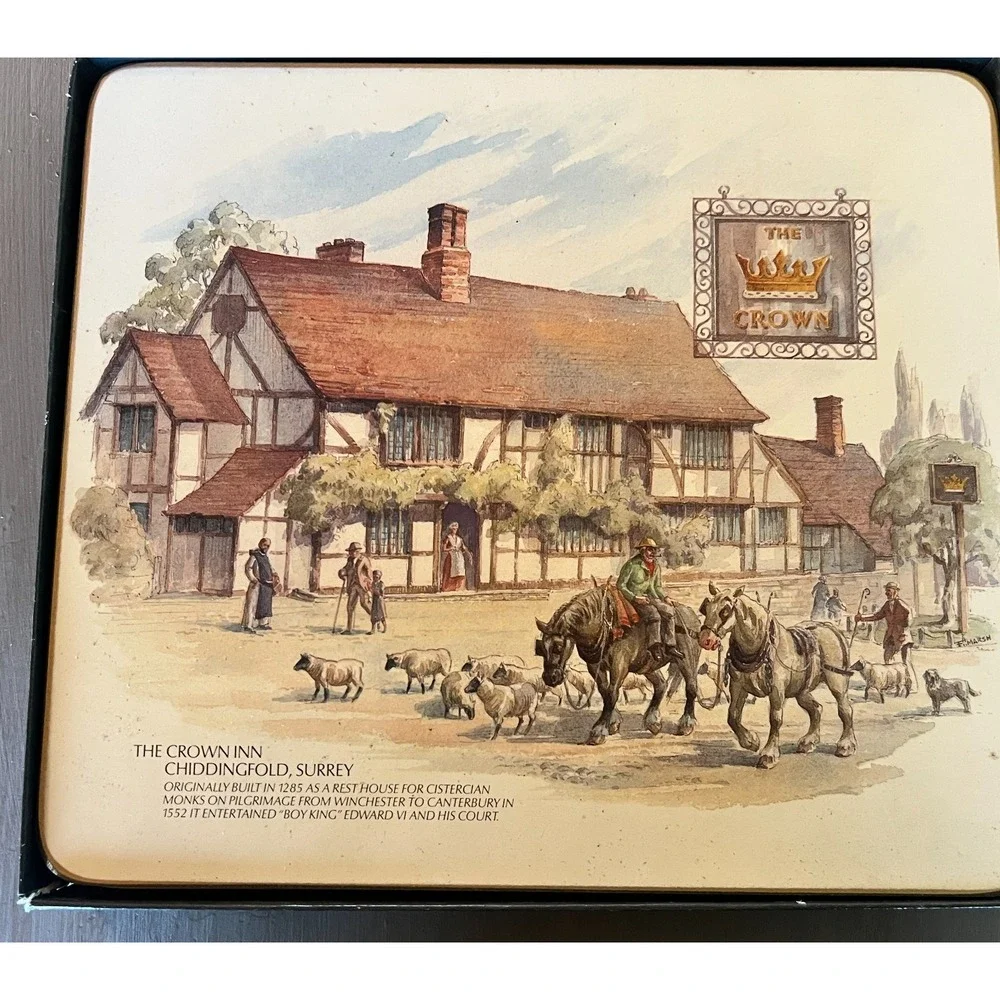 Vintage Cloverleaf Table Mats Set Olde Inns of England Cork Backed Placemats Set